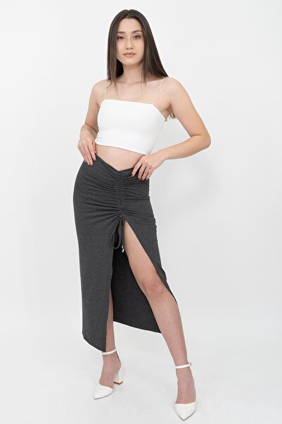 Soyo Жіноча антрацитова спідниця з регульованими збірками та віскозним розрізом