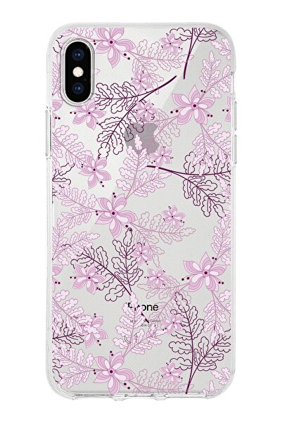 PrintiFy Iphone Xs Max Uyumlu Kapak Floral Pudra Tasarımlı Şeffaf Silikon Kılıf