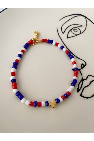 Lucky Designs Gold Heart Plate Red White Laci Bead Anklet
