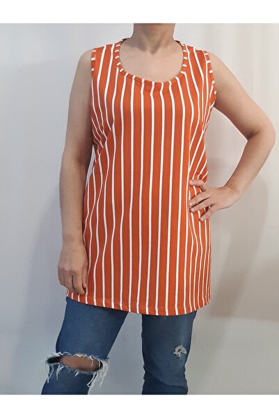 Mertcan Butik Orange and White Striped Strap Combed Cotton Viscose T-Shirt