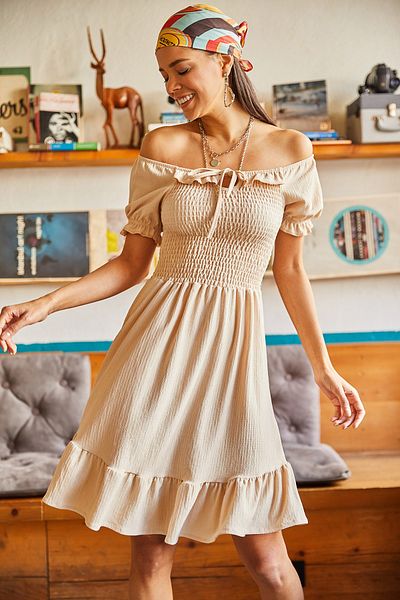 Olalook Women's Stone Elastic Collar Tie-Up Flared Dress Dress