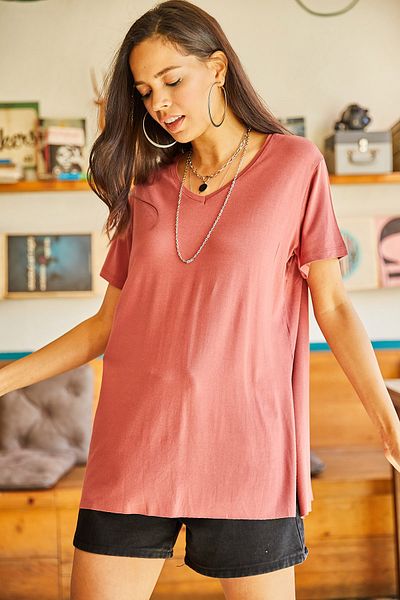 Olalook Γυναικείο μπλουζάκι Dusty Rose V-Neck Loose Loose T-shirt με σκισίματα στο πλάι