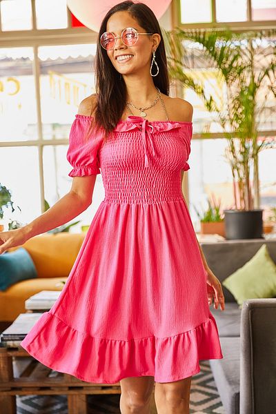 Olalook Women's Fuchsia Gipelli Tie Collar Flared Dress Dress
