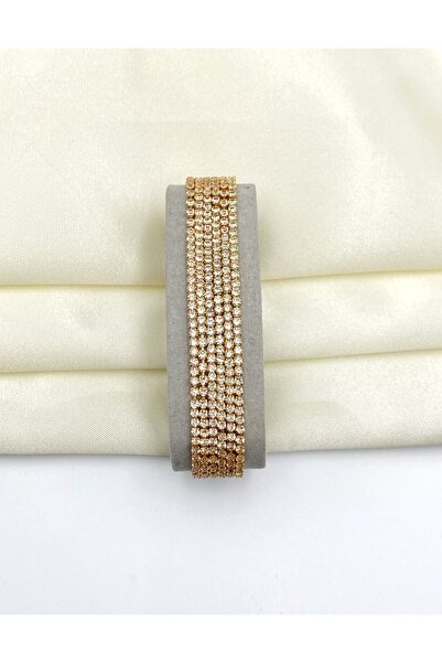 MOSSMOUR Zirkon Taşlı 14k Altın Kaplama Lastikli Gold Rengi Su Yolu Bileklik