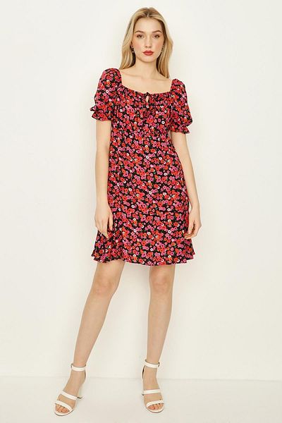 Select Moda Rochie mini de damă roșie cu imprimeu floral cu guler pentagonal și mânecă cu balon