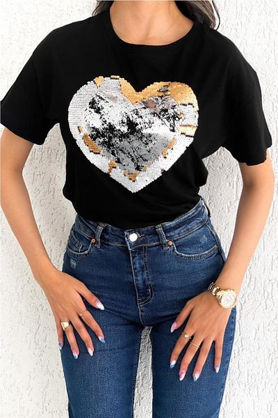 FEMELLE Tricou de damă din bumbac brodat cu paiete inimă