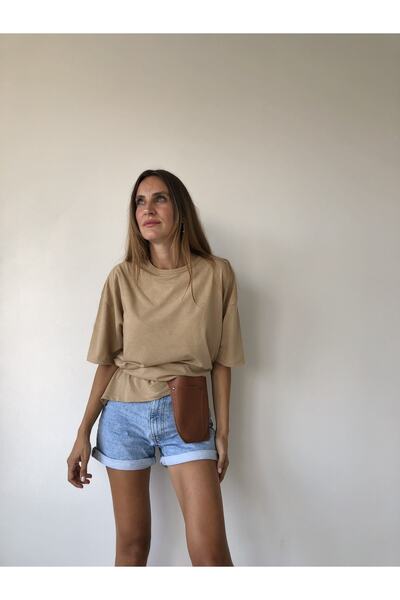 JAKARLI Unisex Soft Cotton Crew Neck Beige Basic Oversize T-shirt