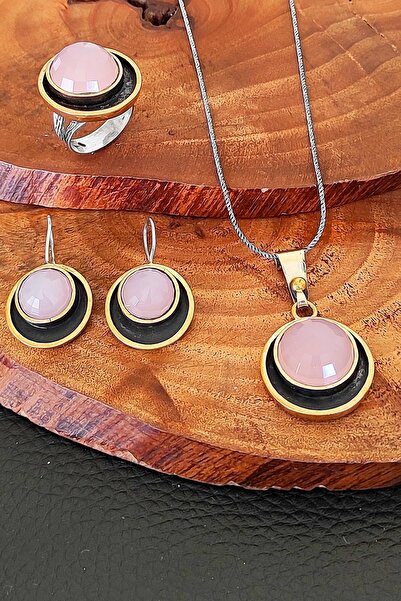 Aykat Kuvars Taşlı Set Otantik Gümüş Üçlü Set Yüzük Küpe Ve Kolye Ucu Seti Set-439