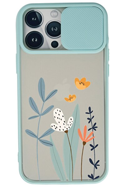 WANNA PROTECT Iphone 13 Pro Max Su Yeşili Kamera Korumalı Sürgülü Çiçek Baskı...