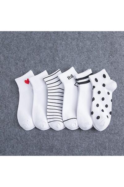 çorapmanya 6 Çift Yarım Konç Kalp Desenli Beyaz Unisex Kolej Tenis Çorap