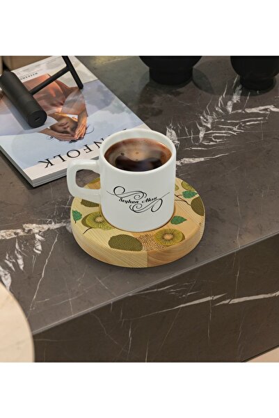 Bk Gift Kişiye Özel Kivi Tasarımlı Doğal Ahşap Tabaklı Türk Kahvesi Fincanı M...