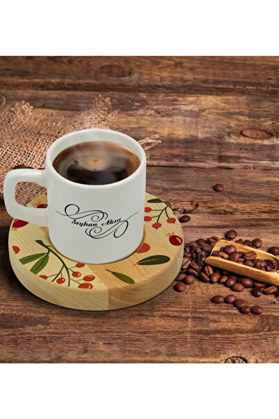 Bk Gift Kişiye Özel Meyve Tasarımlı Doğal Ahşap Tabaklı Türk Kahvesi Fincanı ...