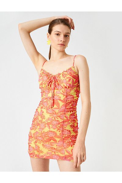 Koton Women&#39;s Gathered Thin Strap Floral Mini Dress 2sak80020pk