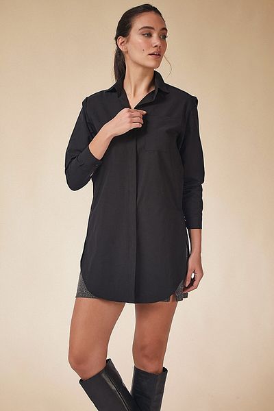 MEECY Cămașă neagră cu buzunar oversize pentru femei