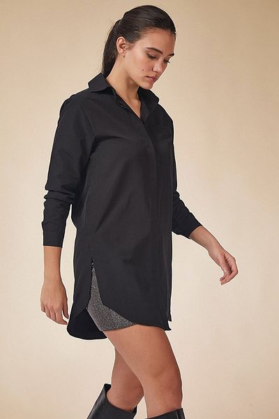 MEECY Cămașă neagră cu buzunar oversize pentru femei