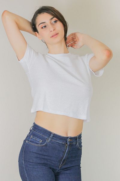 ARESMODA Women's White Short Crop Mesh T-Shirt