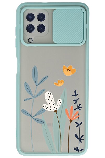 WANNA PROTECT Samsung Galaxy M32 Su Yeşili Kamera Korumalı Sürgülü Çiçek Bask...