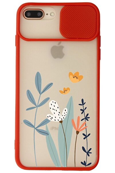 WANNA PROTECT Iphone 7 Plus Kırmızı Kamera Korumalı Sürgülü Çiçek Baskılı Sil...