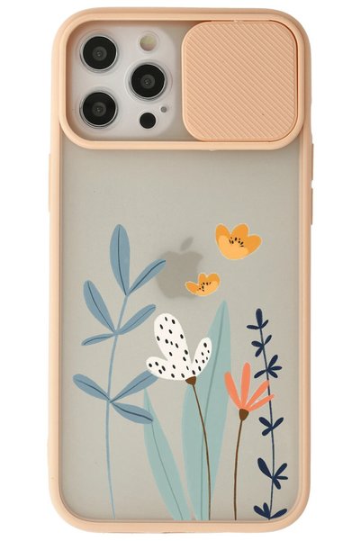 WANNA PROTECT Iphone 12 Pro Max Pembe Kamera Korumalı Sürgülü Çiçek Baskılı S...