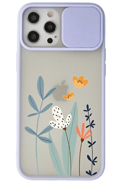 WANNA PROTECT Iphone 12 Pro Max Lila Kamera Korumalı Sürgülü Çiçek Baskılı Si...