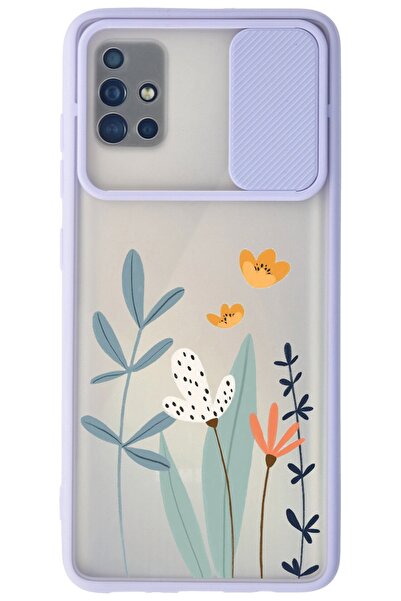 WANNA PROTECT Samsung Galaxy A71 Lila Kamera Korumalı Sürgülü Çiçek Baskılı S...