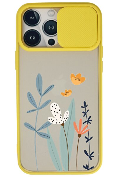 WANNA PROTECT Iphone 13 Pro Max Sarı Kamera Korumalı Sürgülü Çiçek Baskılı Si...