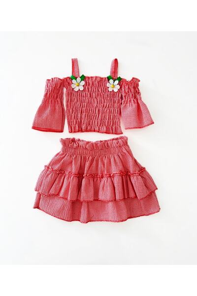 COLORED BABY Girl's Off-the-Shoulder Floral Detailed Gipe Blouse and Skirt Set