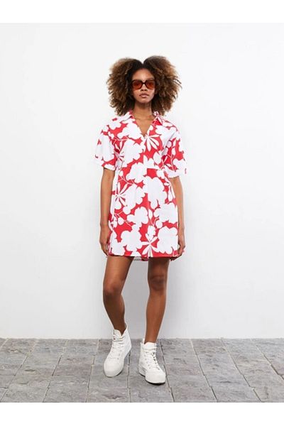LC Waikiki Lcw Casual Shirt Collar Floral Short Sleeve Poplin Women's Dress