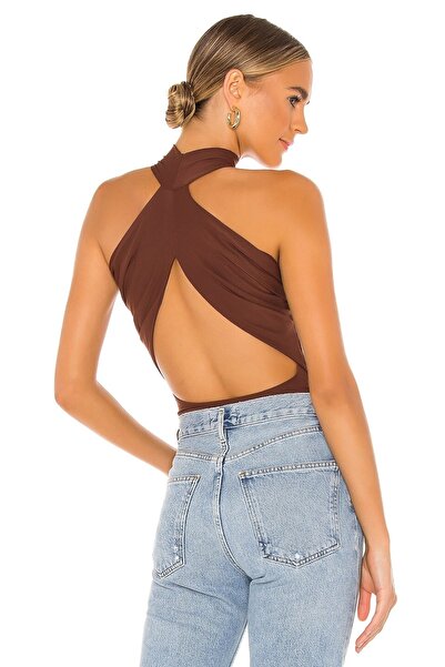 By Kul Design Γυναικείο καφέ ζέρσεϊ κορμάκι - Σχέδιο με χαμηλή πλάτη