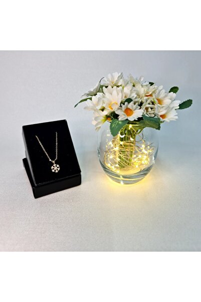 STDEKOR Papatya Çiçekli Led Işıklı Vazo Ve Kar Tanesi Kolye Hediye Seti
