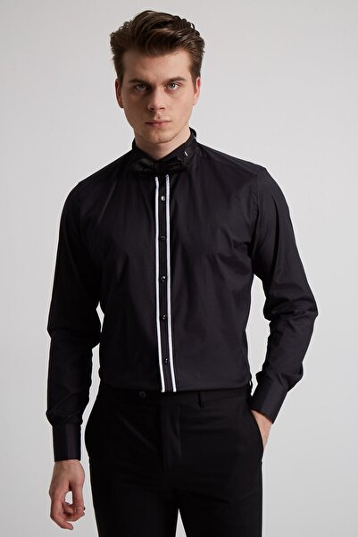 Fc Plus Erkek Siyah Biyeli Ata Yaka Pamuk Gömlek