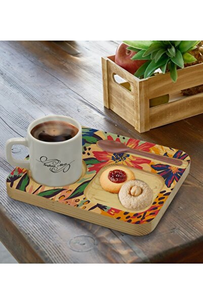 Bk Gift Kişiye Özel Doğal Ahşap Sunum Tabağı Ve Türk Kahvesi Fincanı Hediye S...