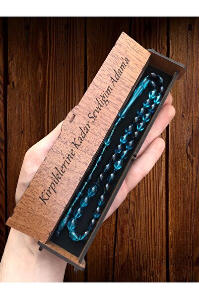 KANUNİ TESBİH Măsuță din lemn cu scris promisiune, sistem cu ciucuri, culoarea bleu petrol 0028