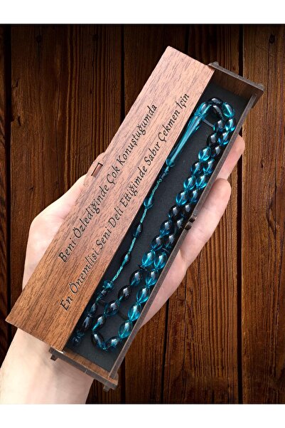 KANUNİ TESBİH مسبحة مزينة بشريط من خشب الغزال الأزرق البترولي مع صندوق خشبي 0043
