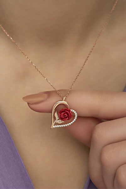 ALYANSEVİM Kırmızı Gül Motifli Zirkon Taşlı Gümüş Kalp Kolye