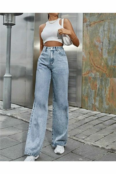 Ramrod Loa lycra anii 90 pentru femei Blue Snow, talie super înaltă, picior largi, blugi din denim Pantaloni palazzo