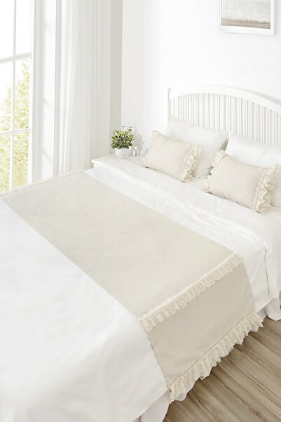 RİTMOHOME Bed Runner & Inner Filled Throw Pillow Set Double Size Ruffled Vintage Cream Dowry, Bed Cover