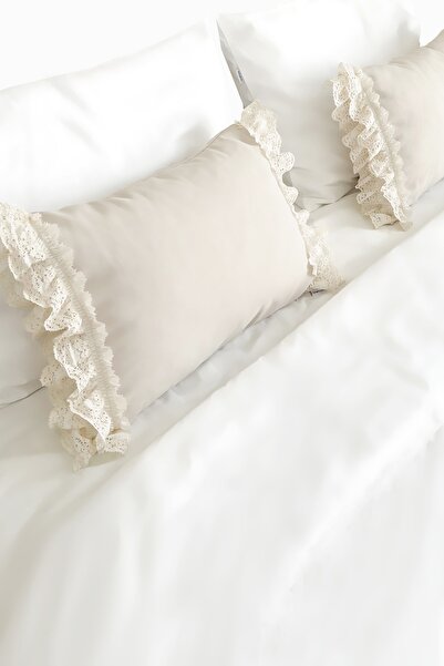 RİTMOHOME Bed Runner & Inner Filled Throw Pillow Set Double Size Ruffled Vintage Cream Dowry, Bed Cover