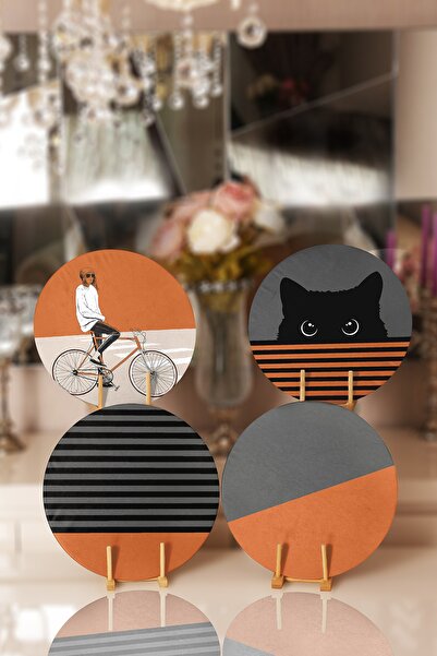 Realhomes 4'lü Hardal Bisikletli Kedili Motifli Dekoratif Yuvarlak Servis Alt...