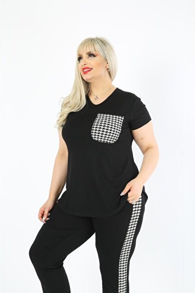 Kuiye Women's Large Size Black Houndstooth Detailed Summer Capri Set