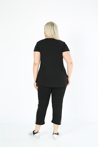 Kuiye Women's Large Size Black Houndstooth Detailed Summer Capri Set