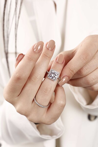 ATS ALYANS Kare Kesim Pırlanta Modeli Gümüş Tektaş Ve Tamtur Kombini