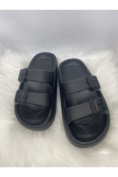 AkınalBellaa Akınalbella Black Double Buckle Lightweight Summer Slippers