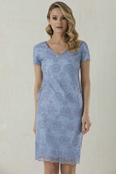 Selen Giyim V Yaka Kısa Kol Pul Payetli Elbise