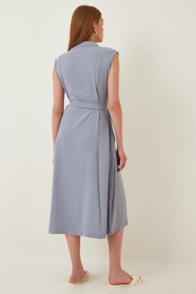 Happiness İstanbul Dámské šedé letní košilové šaty z viskózy s páskem DD00927