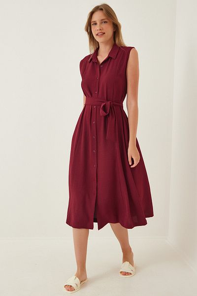 Happiness İstanbul Burgunderrotes Leinen-Viskose-Sommerhemdkleid mit Gürtel für Damen DD00927