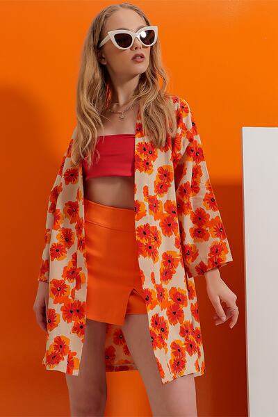 Trend Alaçatı Stili Women's Orange Patterned Kimono Alc-020-064