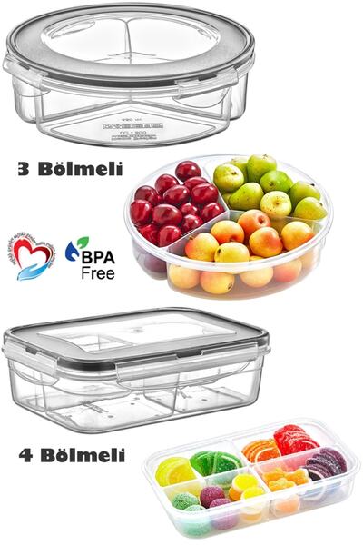 PlastArt 2'li Diyet Saklama Kabı Sızdırmaz 4 Bölmeli & 3 Bölmeli