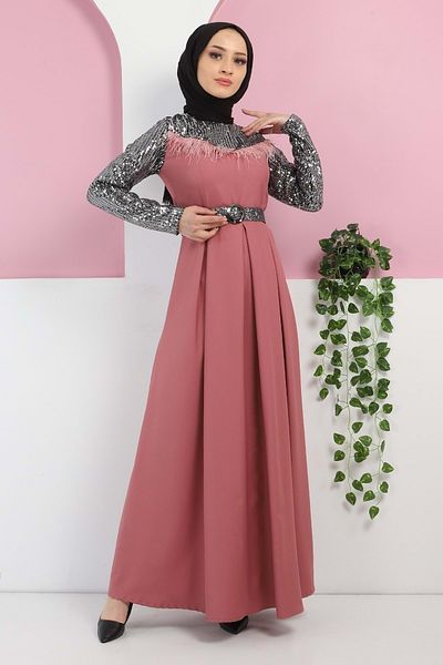 Modamihram Sequined Feathered Evening Dress Dusty Rose