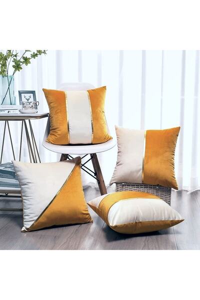 Bc Home 4'lü Hardal- Krem Deri Aksesuarlı Kadife Görünümlü Kırlent Kılıfı